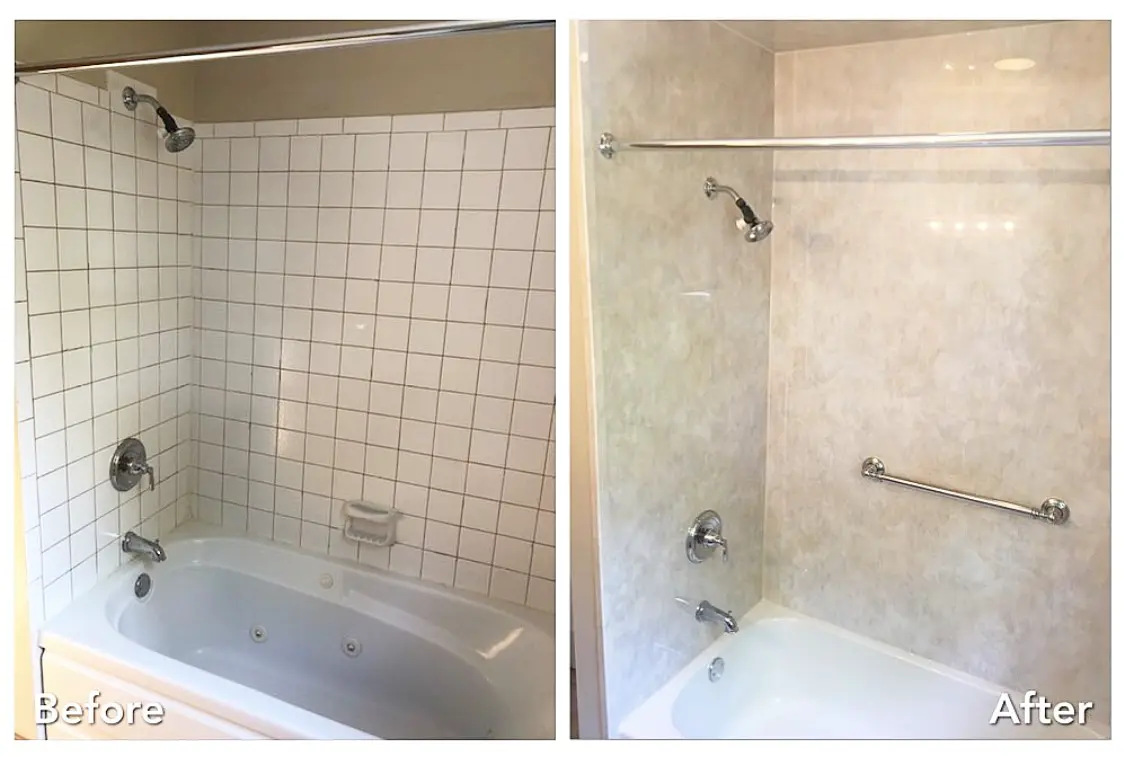 Before and after: White Tile Tub to Stone with Grab Bar in Miller Place, Suffolk County