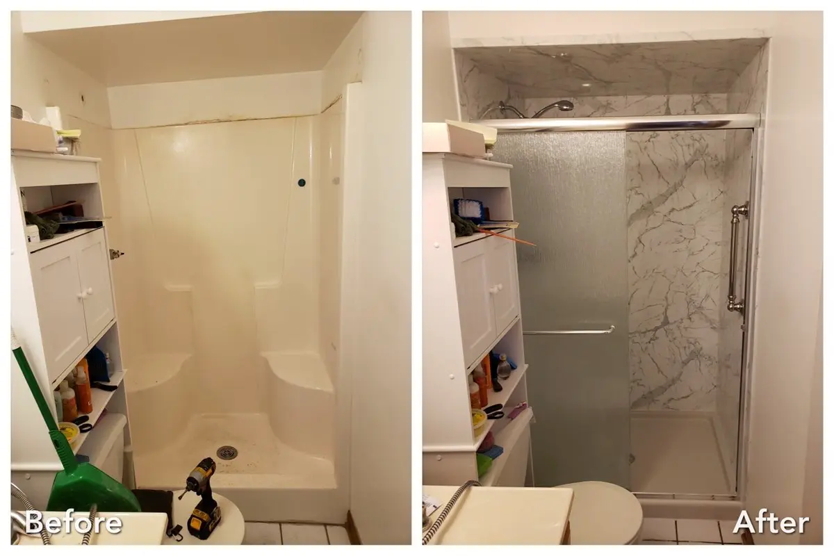 Before and after: Marble Shower Surround in New Hyde Park, Nassau County